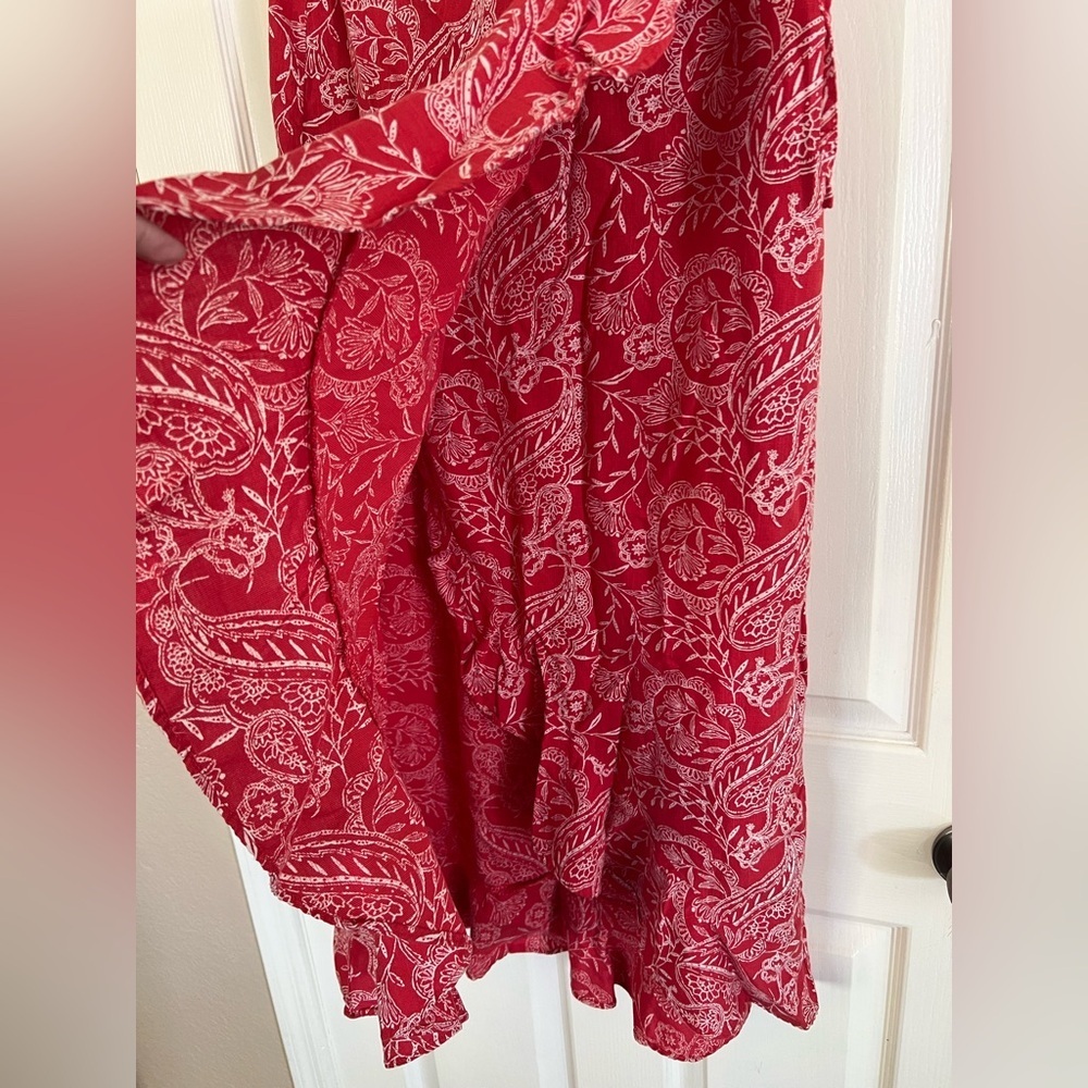 Picnic Red White Paisley Floral Wrap Midi Skirt M Tie Waist - Picture 6 of 12
